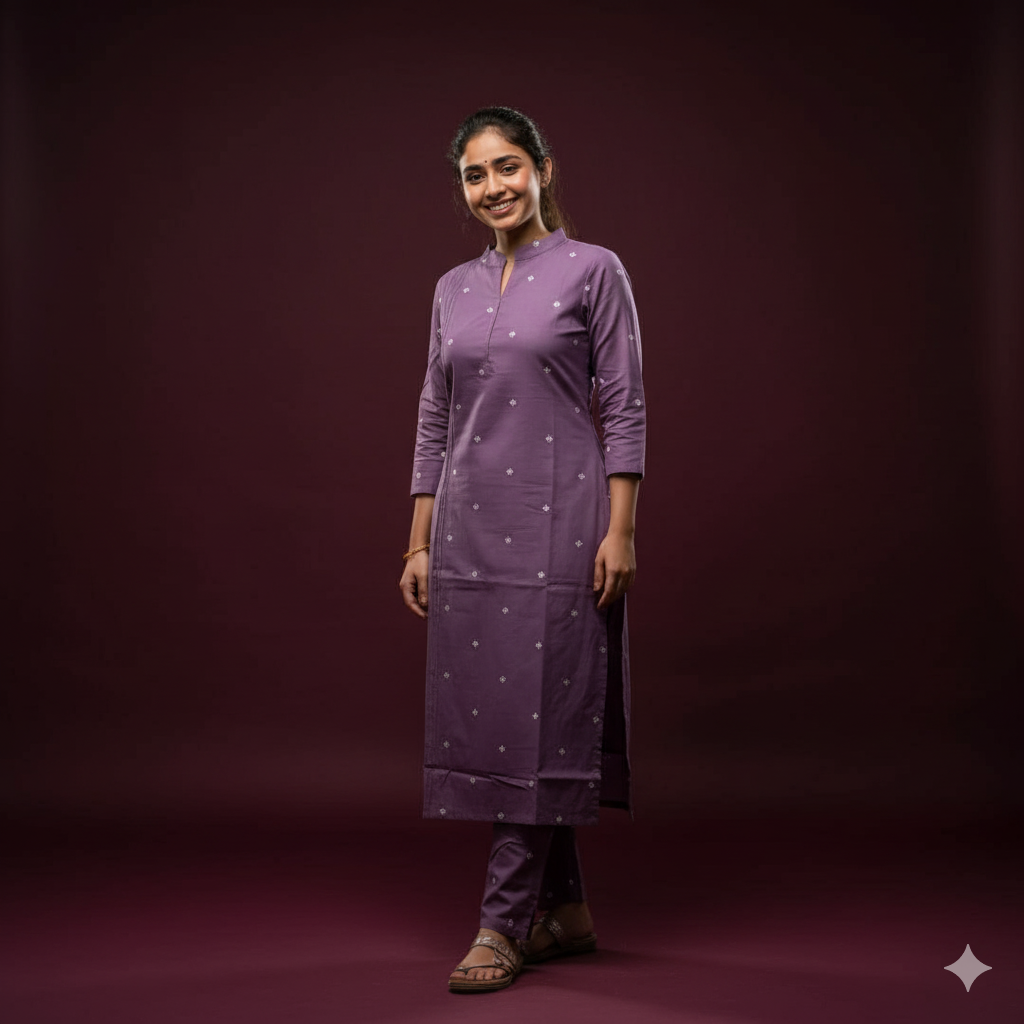 Chic Lavender Cotton Kurti Set with White Floral