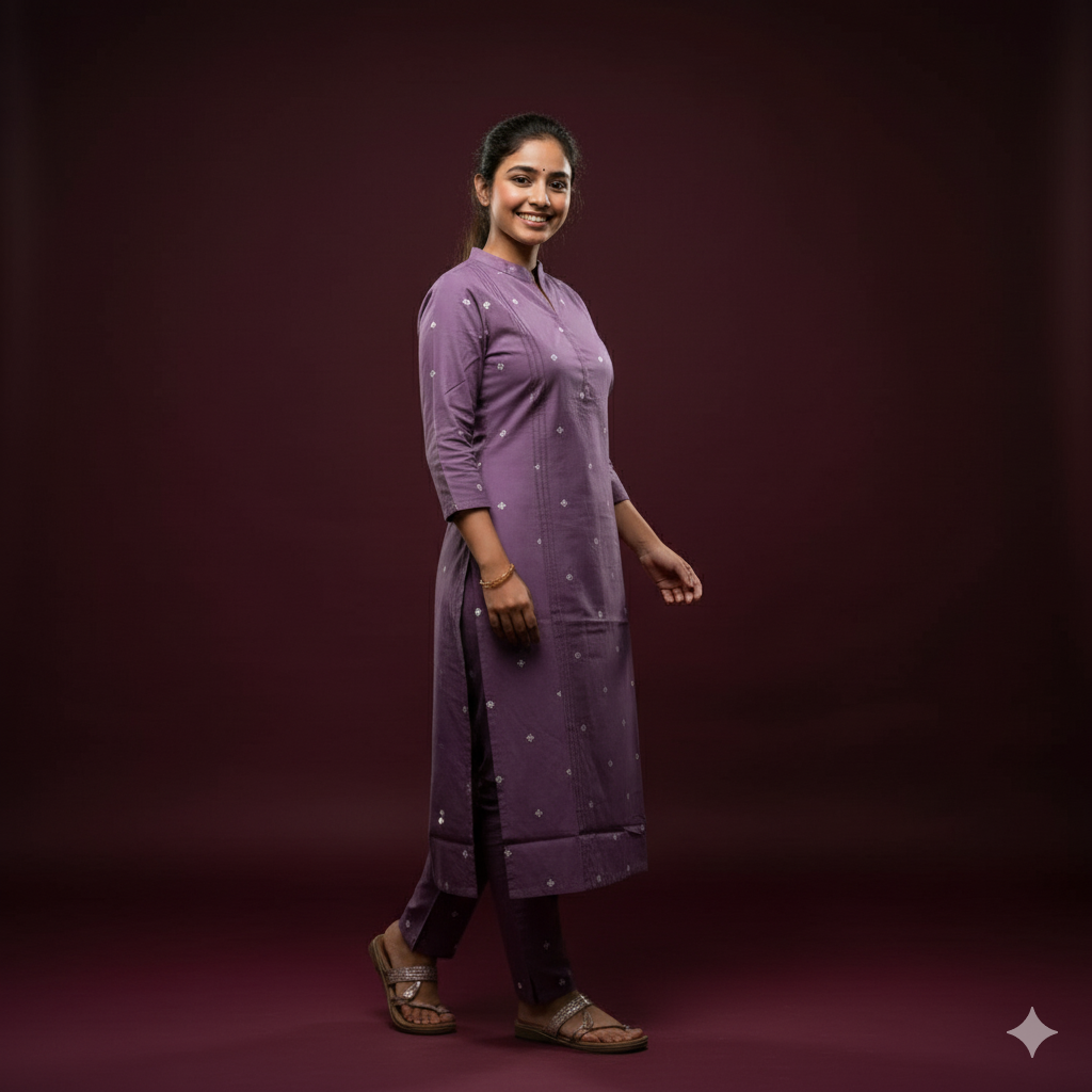 Chic Lavender Cotton Kurti Set with White Floral