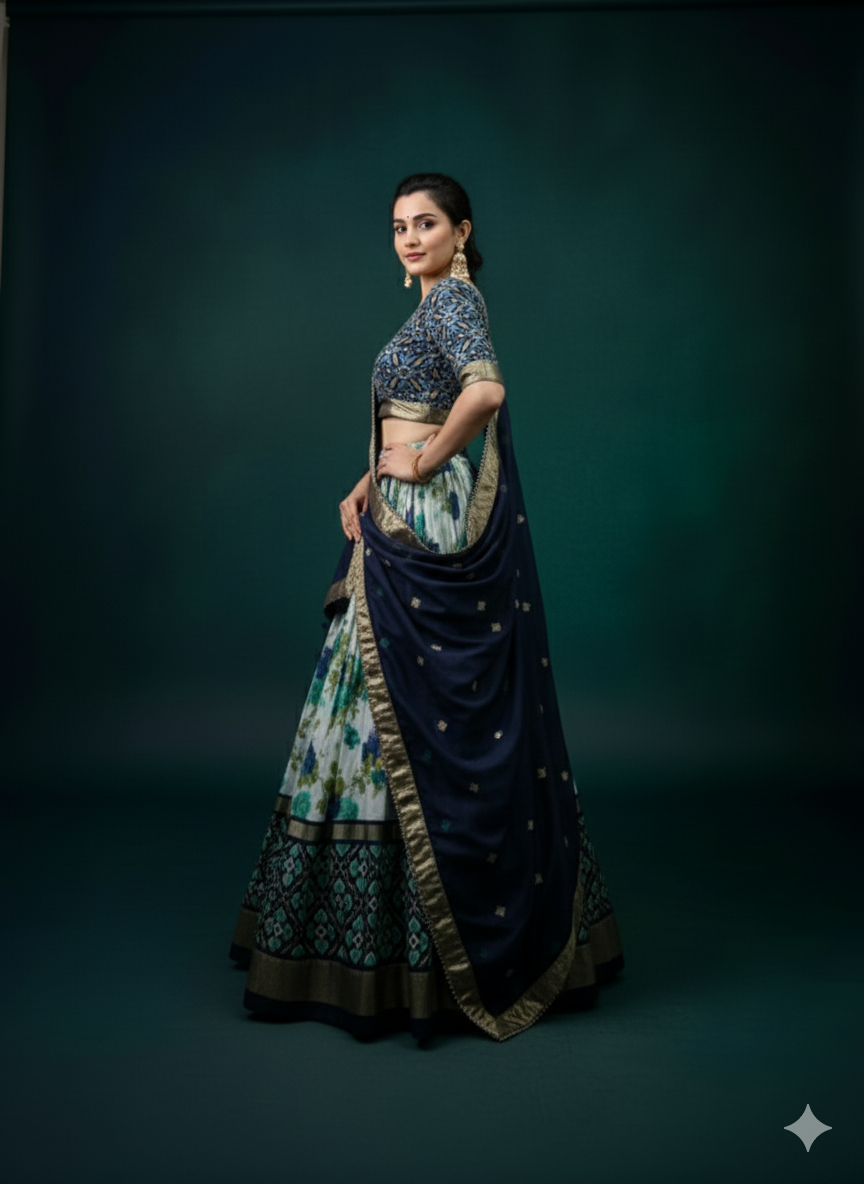 Designer Floral and Geometric Lehenga Set with Navy Blue Dupatta – Festive & Party Wear for Women