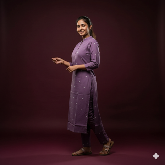 Chic Lavender Cotton Kurti Set with White Floral