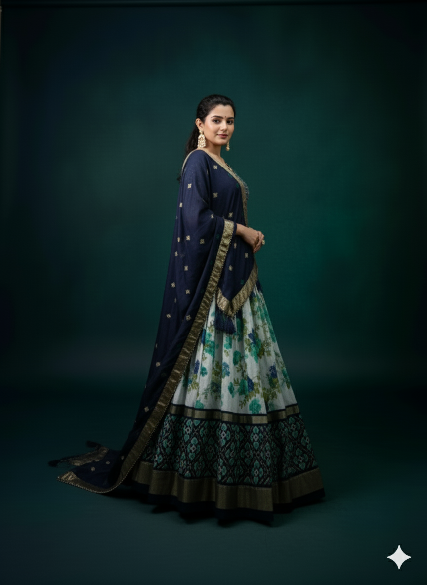 Designer Floral and Geometric Lehenga Set with Navy Blue Dupatta – Festive & Party Wear for Women