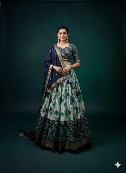 Designer Floral and Geometric Lehenga Set with Navy Blue Dupatta – Festive & Party Wear for Women