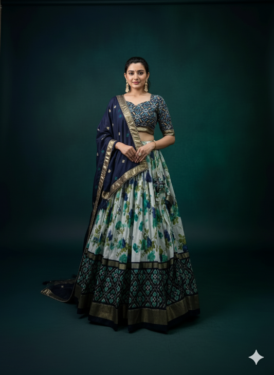 Designer Floral and Geometric Lehenga Set with Navy Blue Dupatta – Festive & Party Wear for Women