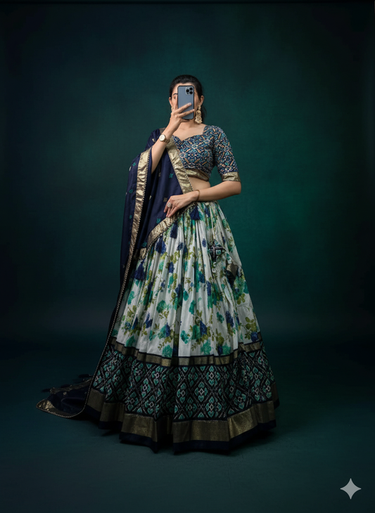 Designer Floral and Geometric Lehenga Set with Navy Blue Dupatta – Festive & Party Wear for Women